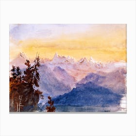 Sunset over the Mountains Vintage 19th Century Watercolour Painting Canvas Print