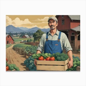 Smiling Farmer Holding A Crate Of Fresh Produce In Front Of A Barn Canvas Print