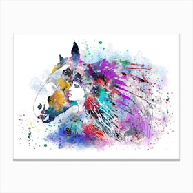 Indian Woman With Horse Watercolor Canvas Print