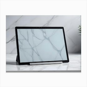 Photo Of A Tablet Computer On A Marble Surface With A Plant In A Blue Vase Canvas Print