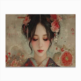Geisha Grace: Elegance in Burgundy and Grey. Asian Girl 2 Canvas Print