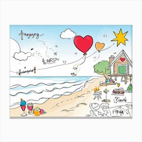 An Illustrated Idea Of A Birthday Party On The Beach Cartoon Valentine Balloons Hand Drawn Vector (5) Canvas Print