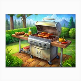 Gas Grill With Cooking Sausages And Chicken Canvas Print