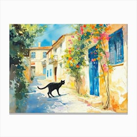 Athens, Greece   Black Cat In Street Art Watercolour Painting 2 Canvas Print