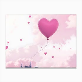 Pink Heart Shaped Balloon Over A City With Clouds Canvas Print