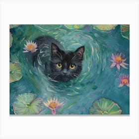 Black Cat In The Pond Canvas Print