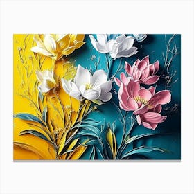 Modern Scene With A Spectacular Hyper Realistic Abstract Of Spring Flowers, Yellow, Blue, Teal Canvas Print