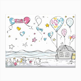 An Illustrated Idea Of A Birthday Party On The Beach Cartoon Valentine Balloons Hand Drawn Vector (3) Canvas Print