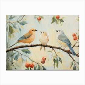 Birds On A Branch With Leaves And Red Fruits Canvas Print