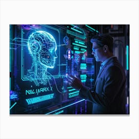 Cyber Interface Showing Neural Connectivity And Artificial Intelligence Fusion Sleek Holographic Pa (4) Canvas Print