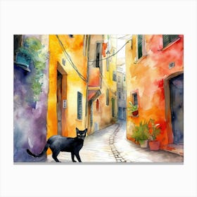Black Cat In Cagliari, Italy, Street Art Watercolour Painting 4 Canvas Print