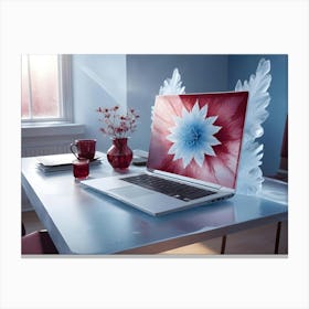 A Sleek Laptop With A Blue And Red Flower On The Screen, Resting On A White Table In A Modern Office Setting Canvas Print