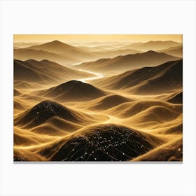 Golden, Surreal Landscape With Hills, A River, And A Subtle Network Of Glowing Lines Canvas Print