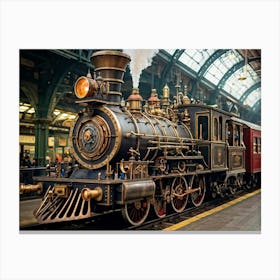 Steampunk Train Depicted In Closeup At Victoria Station London Featuring Victorian Aesthetic With 1 Canvas Print