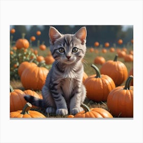 Cute Kitten In A Pumpkin Patch 2 Canvas Print