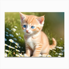 An Adorable Ginger Kitten With Bright Blue Eyes Sits In A Field Of White Daisies, Illuminated By Sunlight Canvas Print