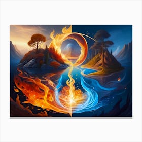 Water And Fire Collision Between Two Small Islands And A Abstract Round Sculpture Of A Mystic World Canvas Print