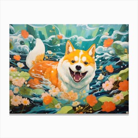 Shiba Inu Dog Swimming In The Sea Canvas Print
