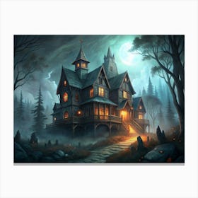 Haunted House In Foggy Forest Canvas Print