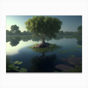 Cleyera Tree Growing In A Wetland, Surrounded By Aquatic Plants Canvas Print