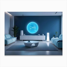 A Modern Living Room With A Blue Wall, Two Blue Sofas, A White Coffee Table, And A Large Glowing Circle On The Wall Canvas Print