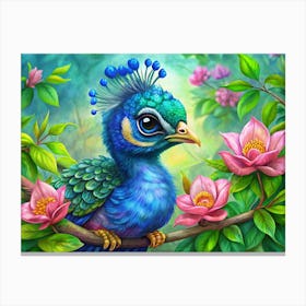 Adorable Baby Peacock Perched Among Pink Flowers Canvas Print