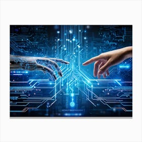 Abstract Cyber Concept Art Depicting A Human Hand And Artificial Intelligence Robotic Finger Almost Canvas Print