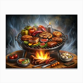 Outdoor Bbq Grill With Food And Flames Canvas Print