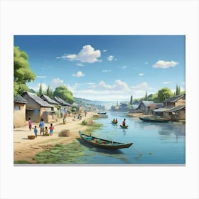 Village By The River paintings art print 2 Canvas Print