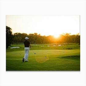 Evening Glow Softly Embracing A Serene Golf Course As A Golfer Swings A White Driver Amidst The Acti Canvas Print