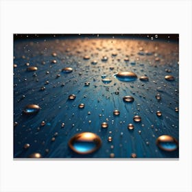 Reflective Water Droplets Sit On A Dark Blue Surface With Subtle Streaks, Reflecting A Warm, Golden Light Source Canvas Print