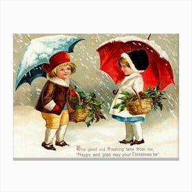 Two Little Girls Meet On Snow, Christmas Greeting Canvas Print