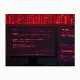 Computer Setup With Red Digital Data Display Canvas Print