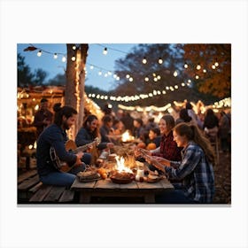 Autumn Festival Illuminated By String Lights Rustic Decorations Such As Dried Corn Husks Pumpkin A (7) Canvas Print