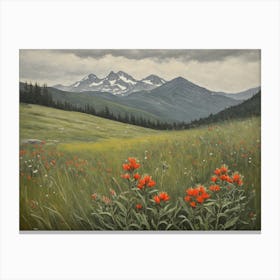 Vintage Oil Painting of indian Paintbrushes in a Meadow, Mountains in the Background 7 Canvas Print