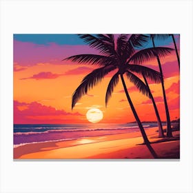A Tranquil Beach At Sunset Horizontal Illustration 26 Canvas Print