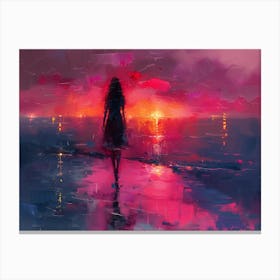 Woman Walking On The Beach At Sunset Canvas Print