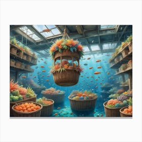 Underwater Marketplace With Hanging Baskets Of Coral And Fish Swimming Around Canvas Print