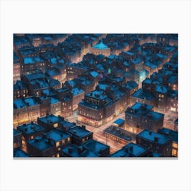 A Vibrant, Colorful Illustration Of A City At Night, Showcasing Buildings, Streets, And Lights, Creating A Bustling And Charming Scene Canvas Print