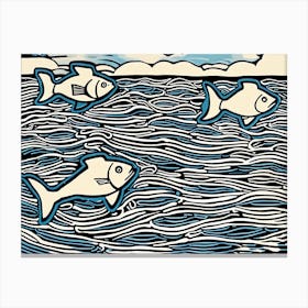 Fish In The Sea Linocut Canvas Print