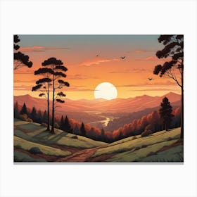 A Vibrant Illustration Of A Mountain Landscape With A Sunset Sky And A River Winding Through The Valley 1 Canvas Print