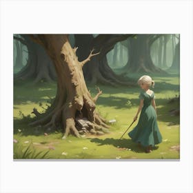 A Young Woman In A Green Dress Walks Through A Sun Drenched Forest, Holding A Sword And Approaching A Hollowed Out Tree Trunk Canvas Print