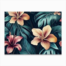 Tropical Seamless Pattern with Exotic Flowers and Leaves 3 Canvas Print