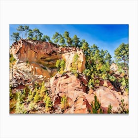 Ochres Land Majestic Cliffside Forest. This image showcases a stunning cliffside landscape adorned with lush green trees. The rocky formations exhibit a range of warm hues, from sandy yellows to deep reds, creating a striking contrast against the vibrant blue sky. The scene captures the beauty of nature's rugged terrain and the resilience of trees growing on steep, rocky surfaces. 2 Canvas Print