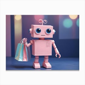 A 3d Rendering Of A Pink Robot Holding Shopping Bags, Standing Against A Blurred Background Of Colorful Lights Canvas Print