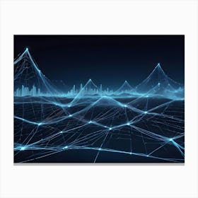 Abstract Image Of A Blue, Glowing, Wireframe Landscape With A Cityscape In The Background Canvas Print