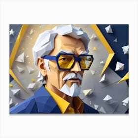 Low Poly Portrait Of A Man With White Hair, A Beard, Yellow Glasses, And A Blue Suit, Set Against A Geometric Background Of Gray And Yellow Shapes Canvas Print