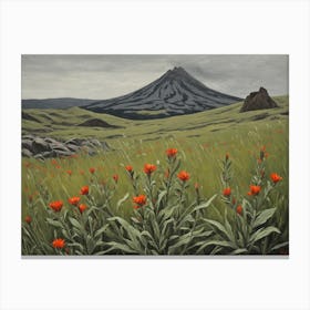 Vintage Oil Painting of indian Paintbrushes in a Meadow, Mountains in the Background 1 Canvas Print