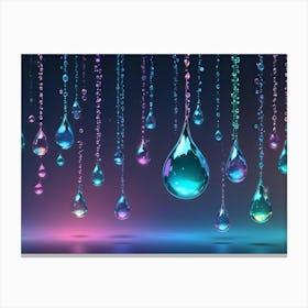 Colorful Water Droplets Hang Suspended In Mid Air Against A Gradient Background Of Pink, Purple, And Blue, With Subtle Reflections Canvas Print