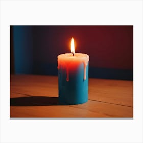 Photo Of A Blue Candle With Dripping Wax On A Wooden Surface Canvas Print